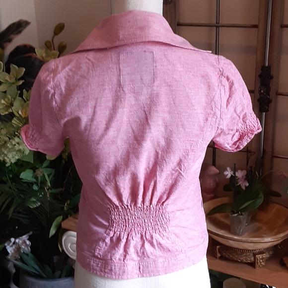 G by GUESS XS Micro Check Elasticized Back Bolero Jkt. LINEN BLEND - Picture 3 of 10